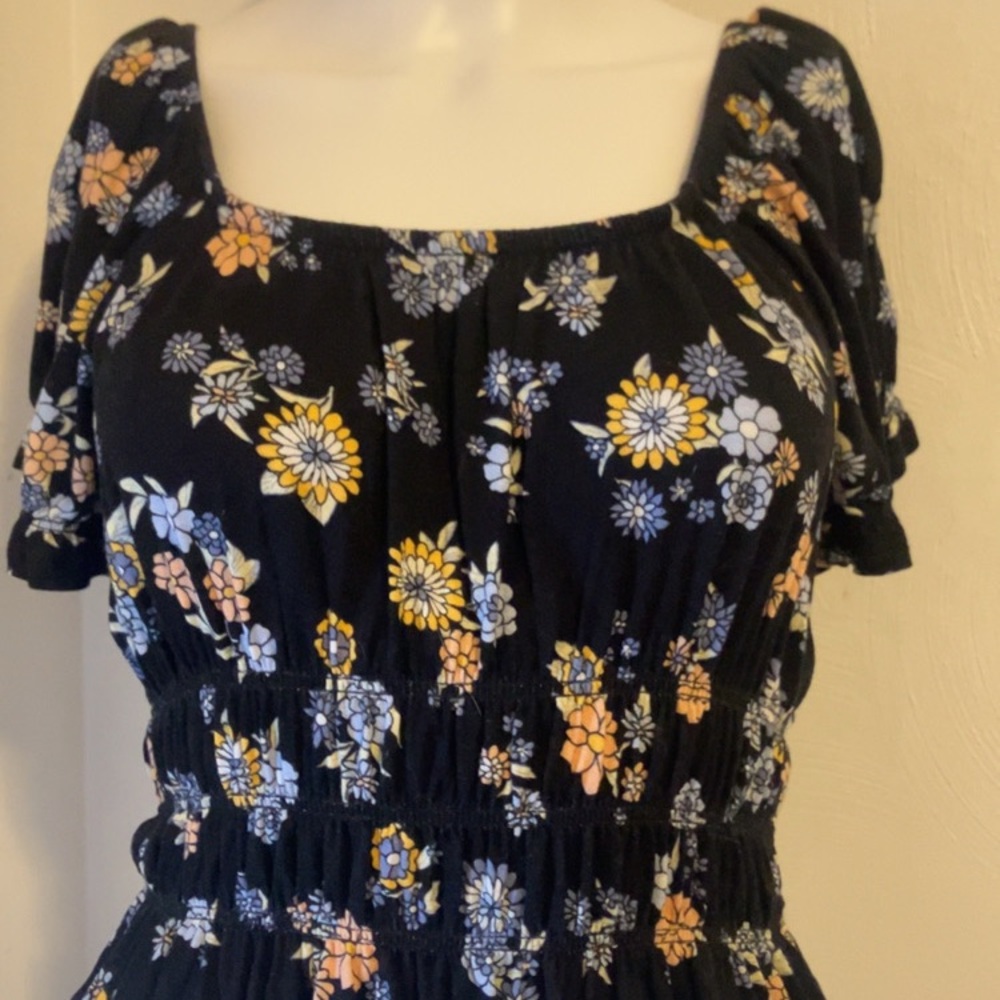 Black Floral Smocked Peasant top